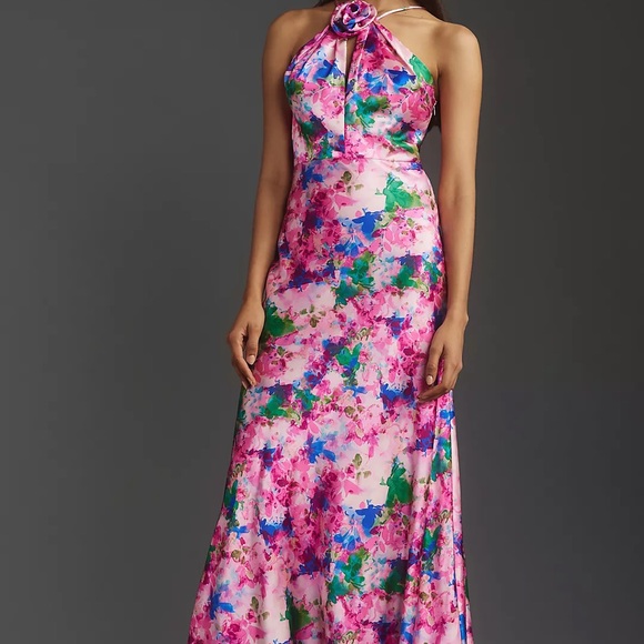 Monique Lhuillier Dresses & Skirts - Monique Lhuillier Violette Pink Floral Halter Satin Maxi Dress